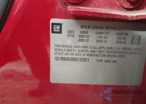 2013 Chevrolet Volt z USA, uszkodzony, nr VIN 1G1RB6E49DU103621